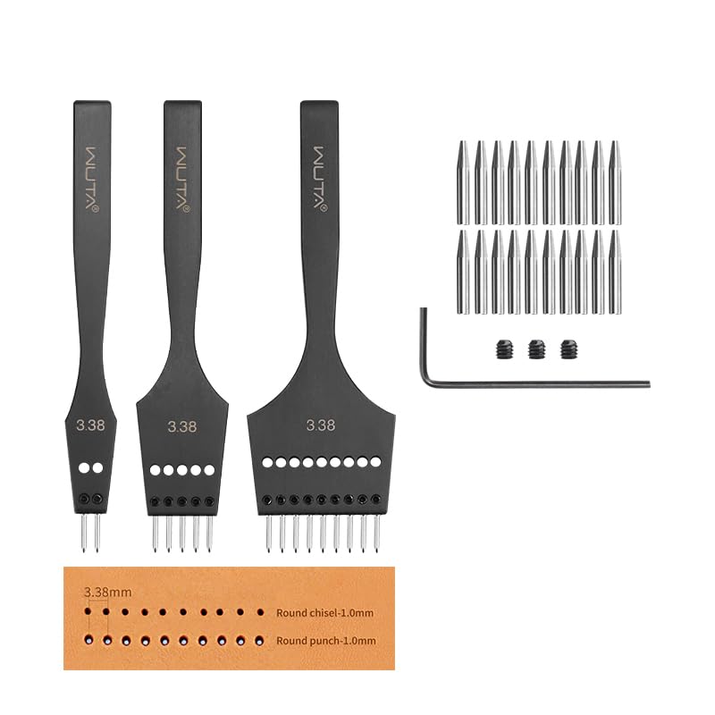 WUTA Leather Stitching Punch, 3nd Removable Round Hole Pricking Irons, Professional Working Hole Punch Tool Set for DIY Leather Craft（3.38mm- 2+5+9 Hole） - Image 1